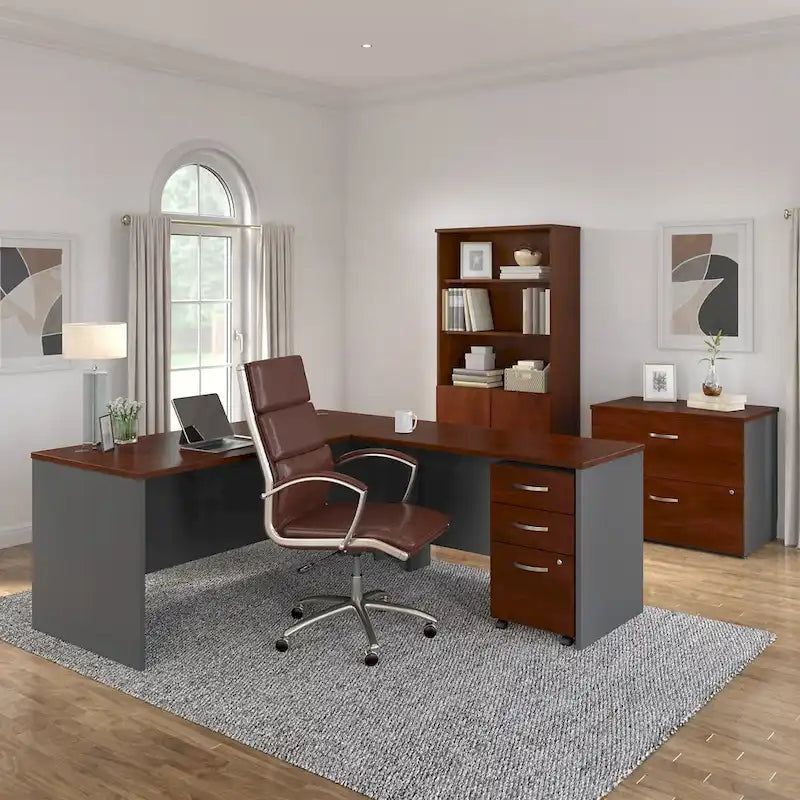 Bureau d'angle avec tiroirs et gestion des câbles, couleur moka-cerise