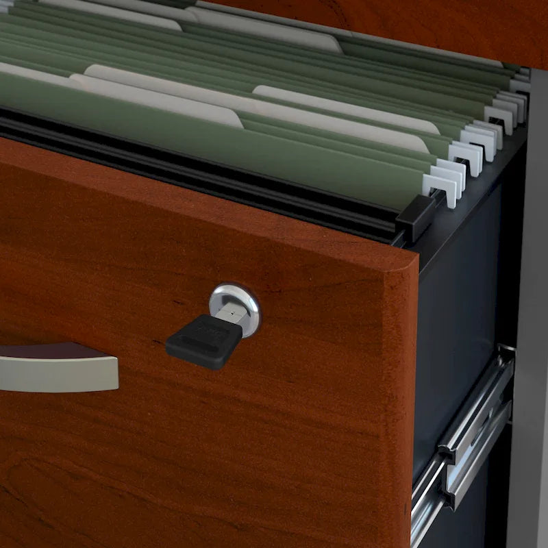 Bureau d'angle avec tiroirs et gestion des câbles, couleur moka-cerise