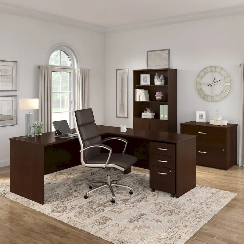 Bureau d'angle avec tiroirs et gestion des câbles, couleur moka-cerise