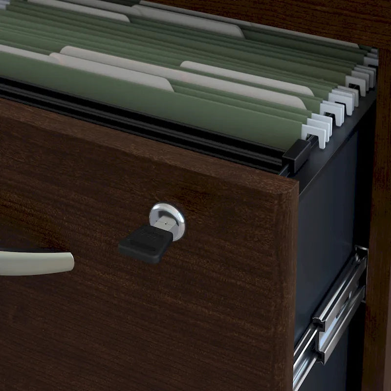 Bureau d'angle avec tiroirs et gestion des câbles, couleur moka-cerise