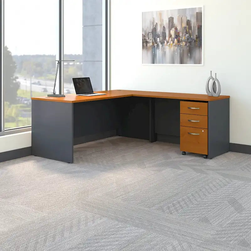 Bureau d'angle avec tiroirs et gestion des câbles, couleur moka-cerise