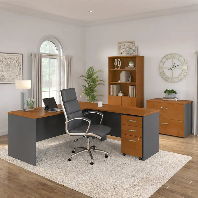 Bureau d'angle avec tiroirs et gestion des câbles, couleur moka-cerise