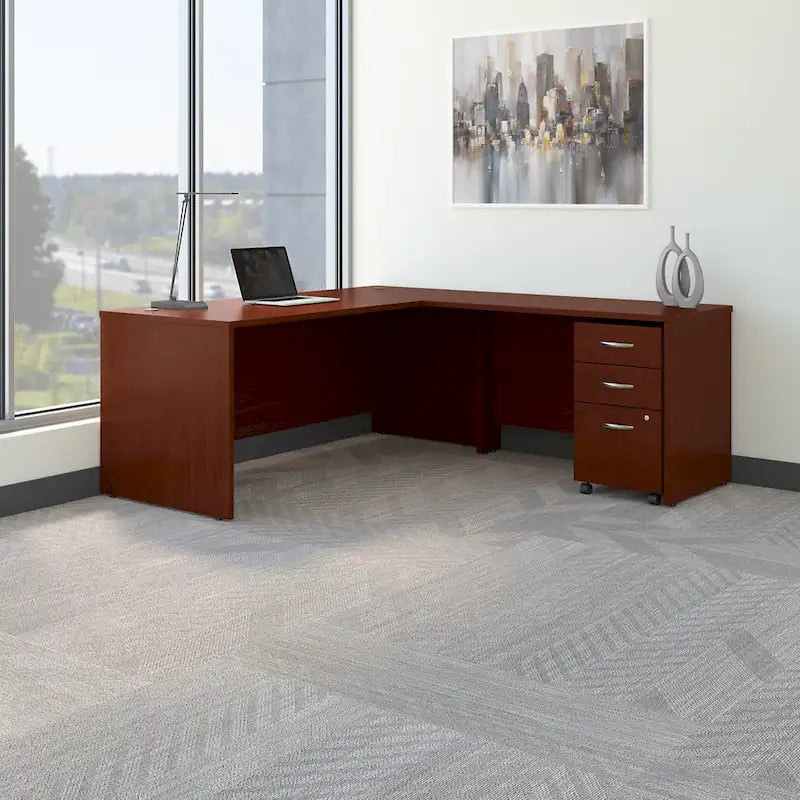Bureau d'angle avec tiroirs et gestion des câbles, couleur moka-cerise