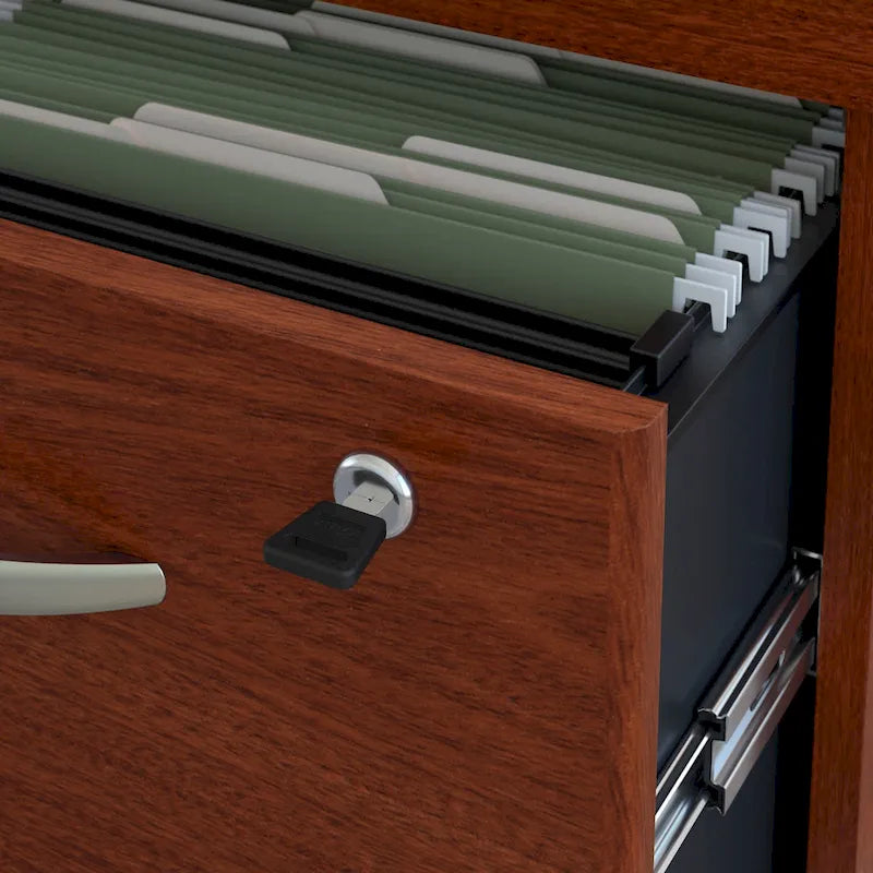 Bureau d'angle avec tiroirs et gestion des câbles, couleur moka-cerise