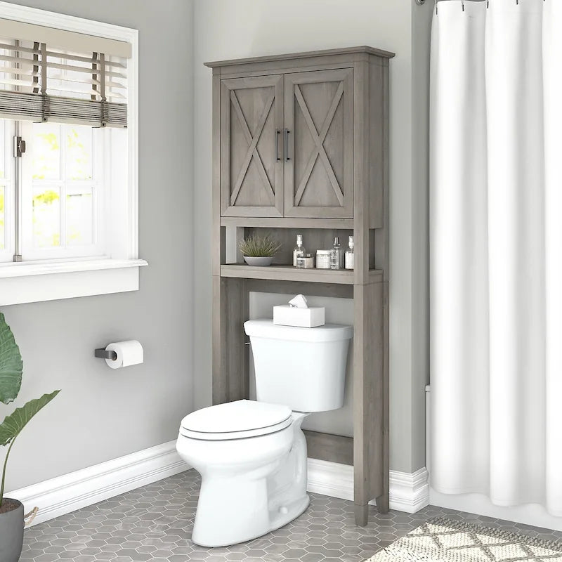 Armoire de rangement au-dessus des toilettes avec portes de grange motif X, gris bois flotté ou frêne blanc