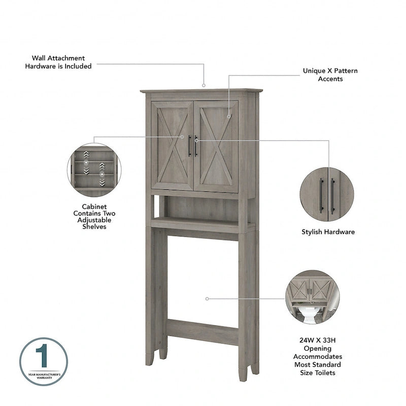 Armoire de rangement au-dessus des toilettes avec portes de grange motif X, gris bois flotté ou frêne blanc