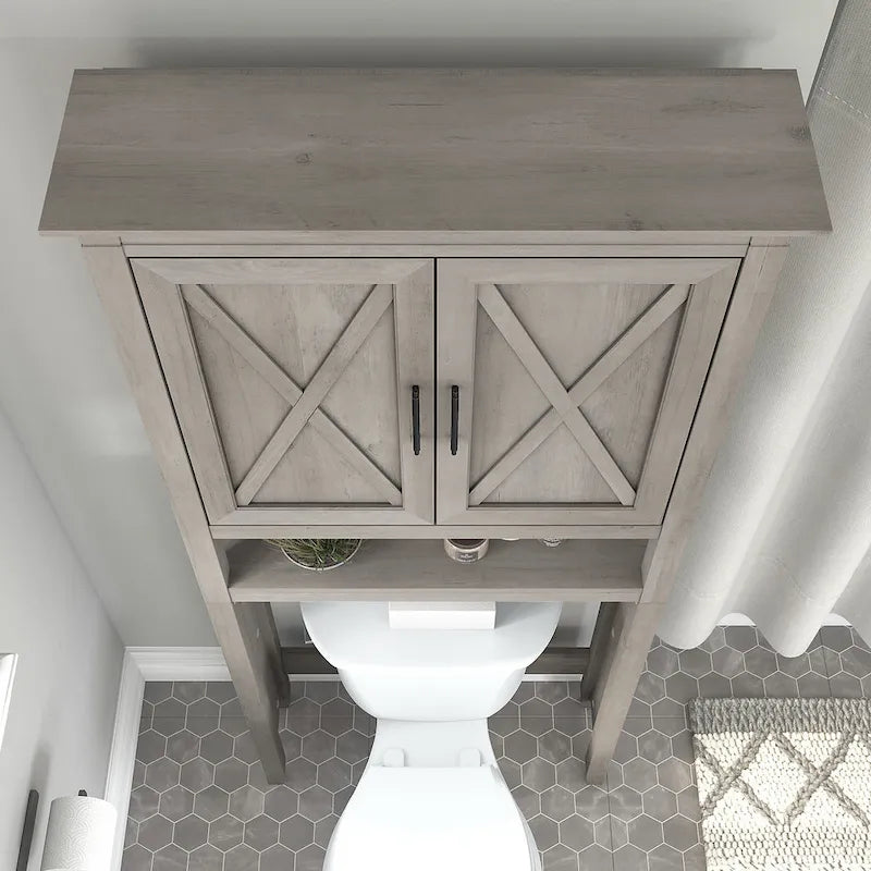 Armoire de rangement au-dessus des toilettes avec portes de grange motif X, gris bois flotté ou frêne blanc