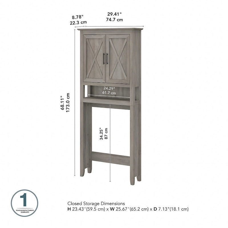 Armoire de rangement au-dessus des toilettes avec portes de grange motif X, gris bois flotté ou frêne blanc