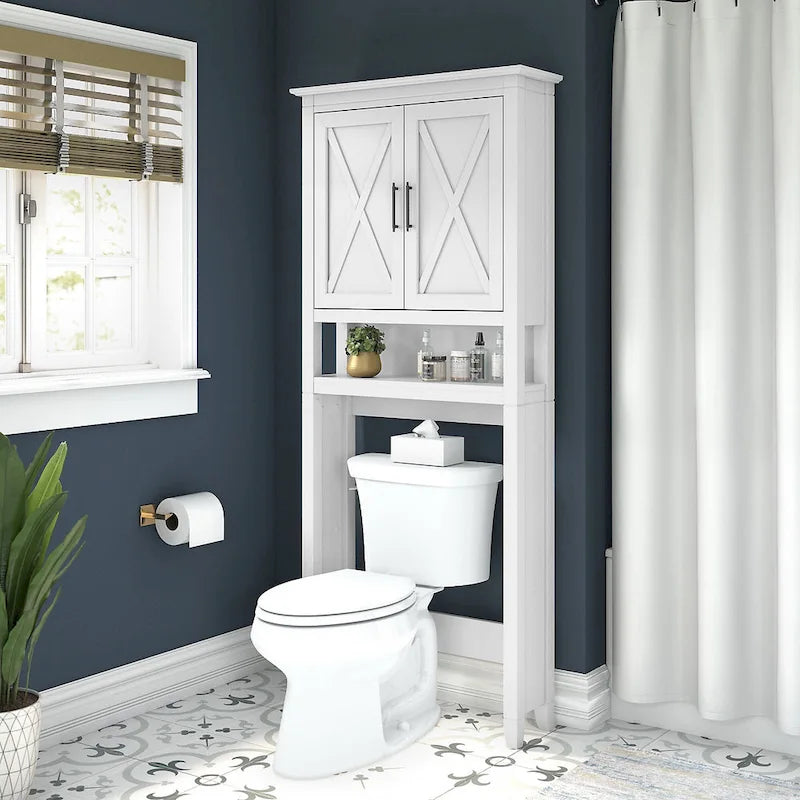Armoire de rangement au-dessus des toilettes avec portes de grange motif X, gris bois flotté ou frêne blanc