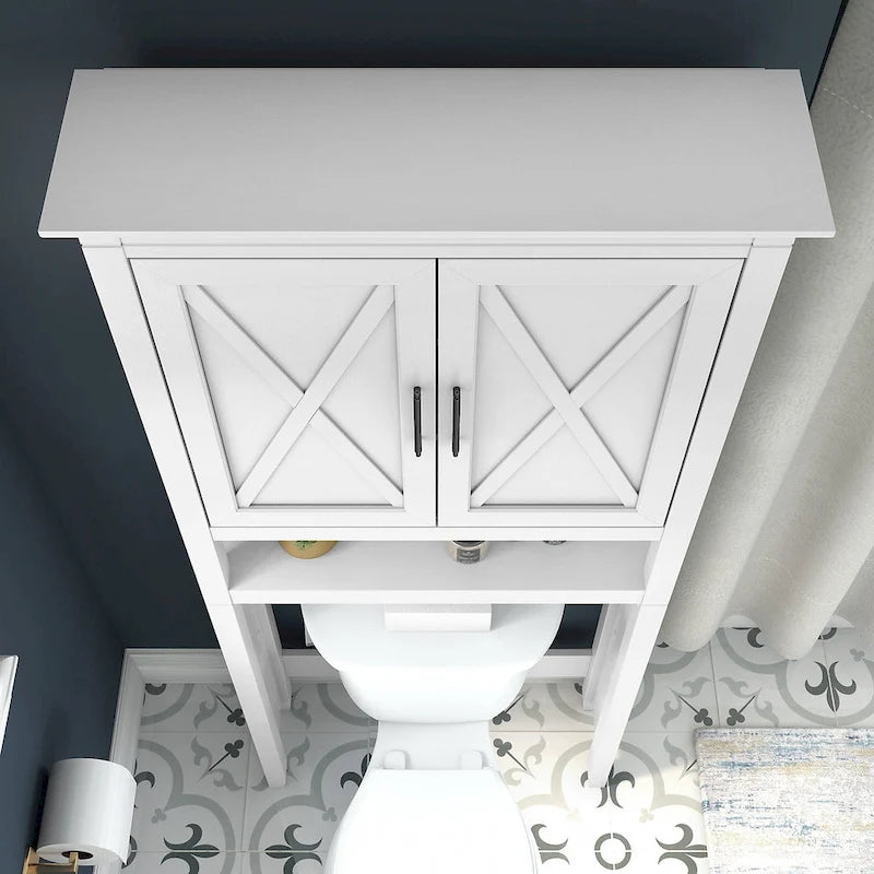 Armoire de rangement au-dessus des toilettes avec portes de grange motif X, gris bois flotté ou frêne blanc