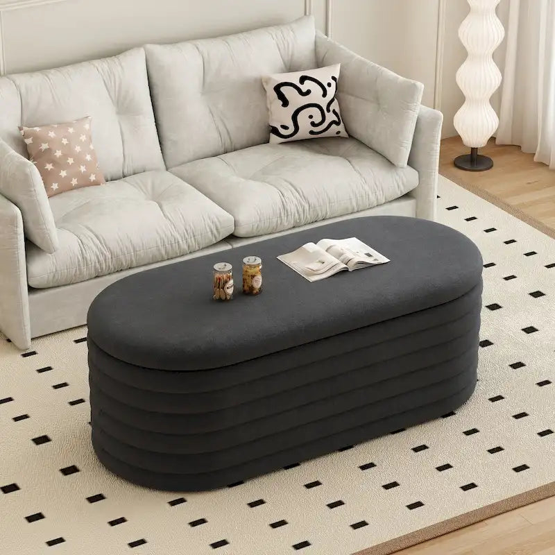 Banc de rangement ottoman ovale rembourré avec couvercle à charnière de sécurité