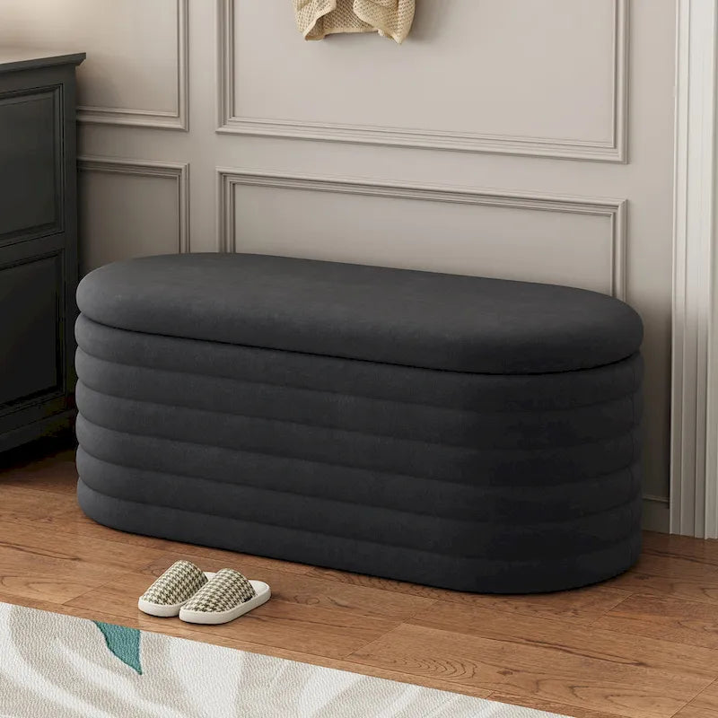 Banc de rangement ottoman ovale rembourré avec couvercle à charnière de sécurité