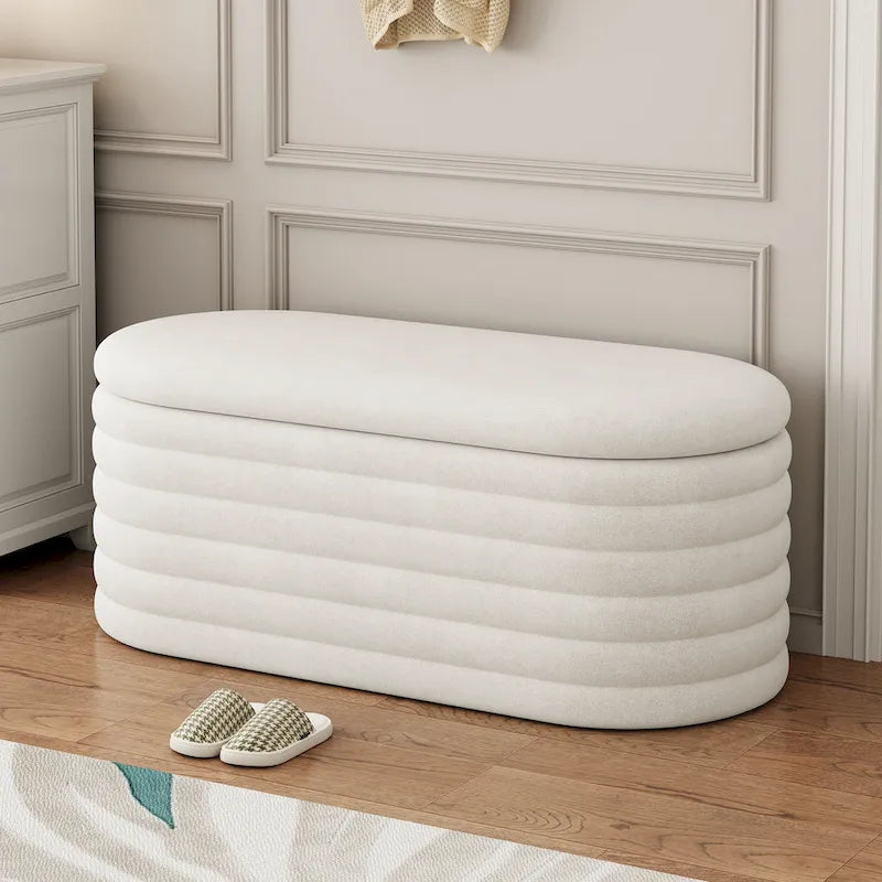 Banc de rangement ottoman ovale rembourré avec couvercle à charnière de sécurité