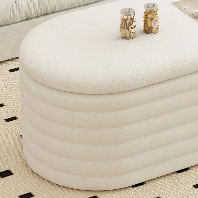 Banc de rangement ottoman ovale rembourré avec couvercle à charnière de sécurité