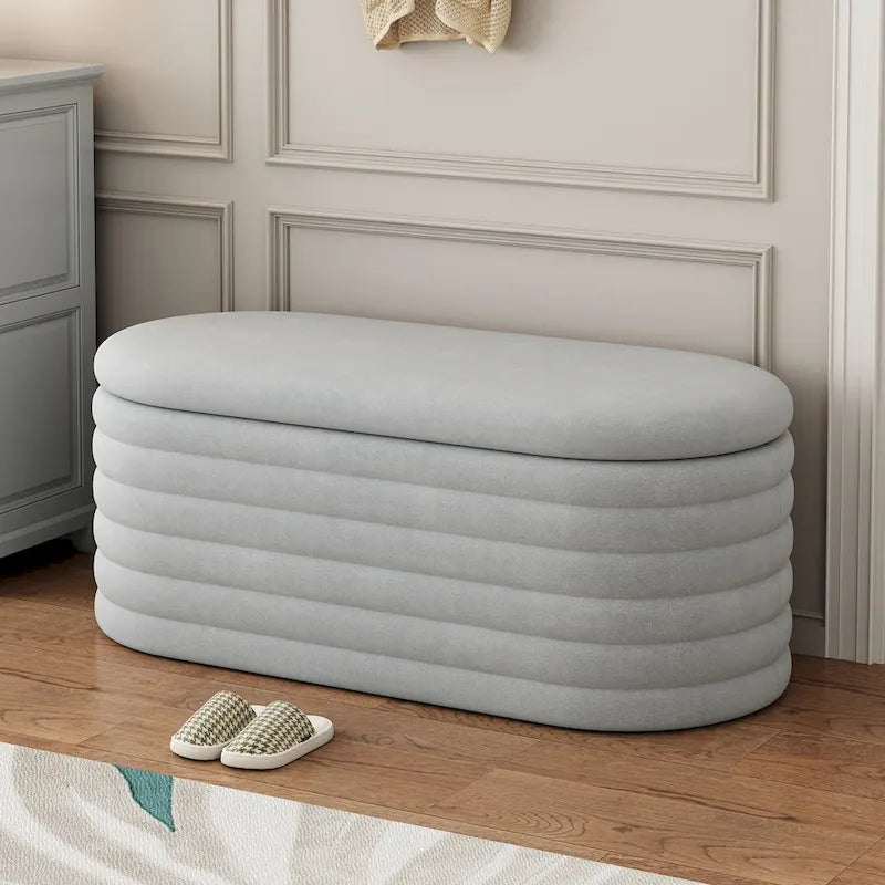 Banc de rangement ottoman ovale rembourré avec couvercle à charnière de sécurité