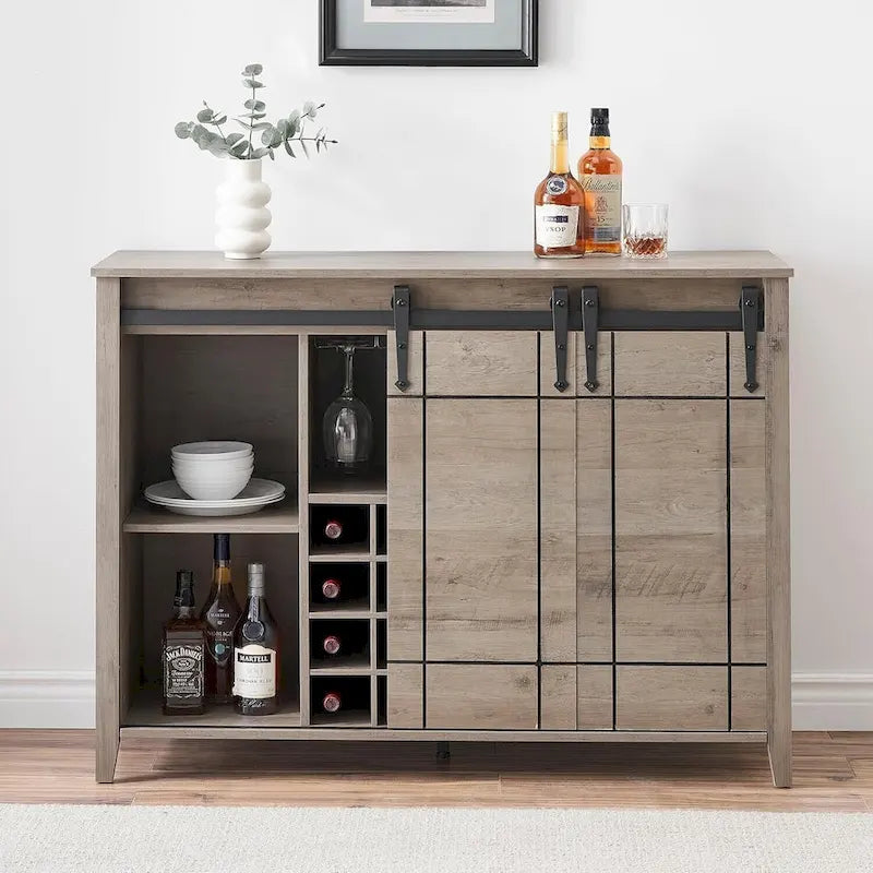 Meuble de bar à café avec porte coulissante type grange, casier à vin et étagères réglables