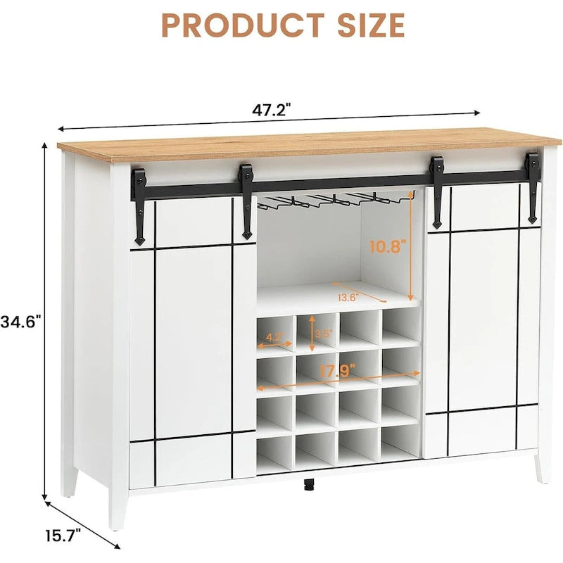 Meuble de bar à café avec porte coulissante type grange, casier à vin et étagères réglables