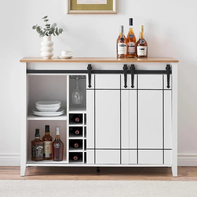 Meuble de bar à café avec porte coulissante type grange, casier à vin et étagères réglables