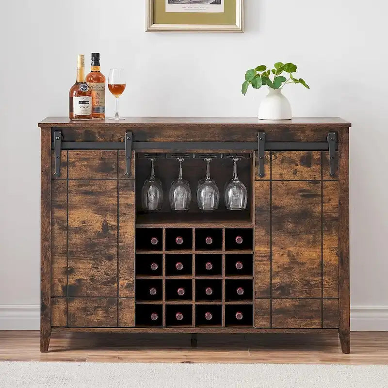 Meuble de bar à café avec porte coulissante type grange, casier à vin et étagères réglables