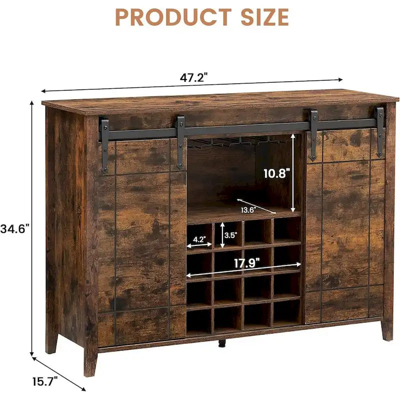 Meuble de bar à café avec porte coulissante type grange, casier à vin et étagères réglables