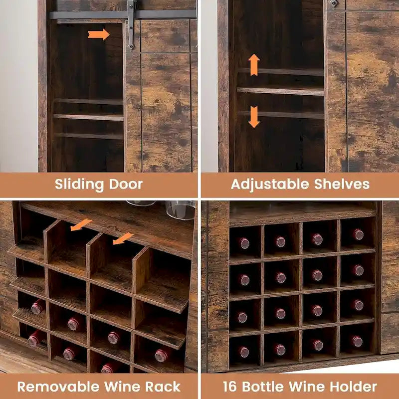 Meuble de bar à café avec porte coulissante type grange, casier à vin et étagères réglables