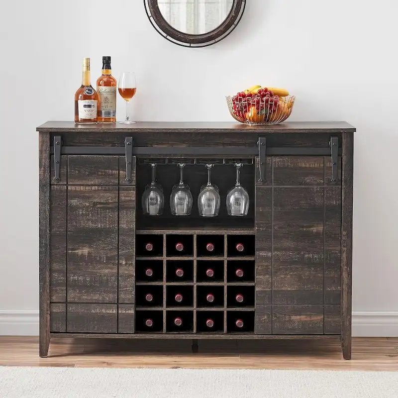 Meuble de bar à café avec porte coulissante type grange, casier à vin et étagères réglables