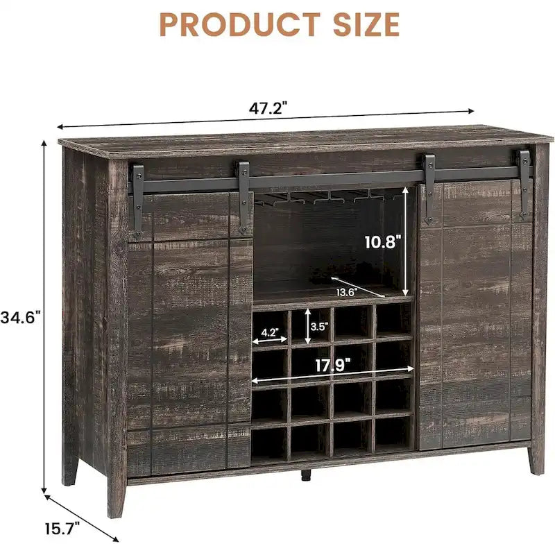 Meuble de bar à café avec porte coulissante type grange, casier à vin et étagères réglables