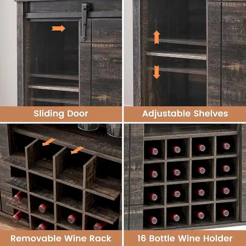 Meuble de bar à café avec porte coulissante type grange, casier à vin et étagères réglables