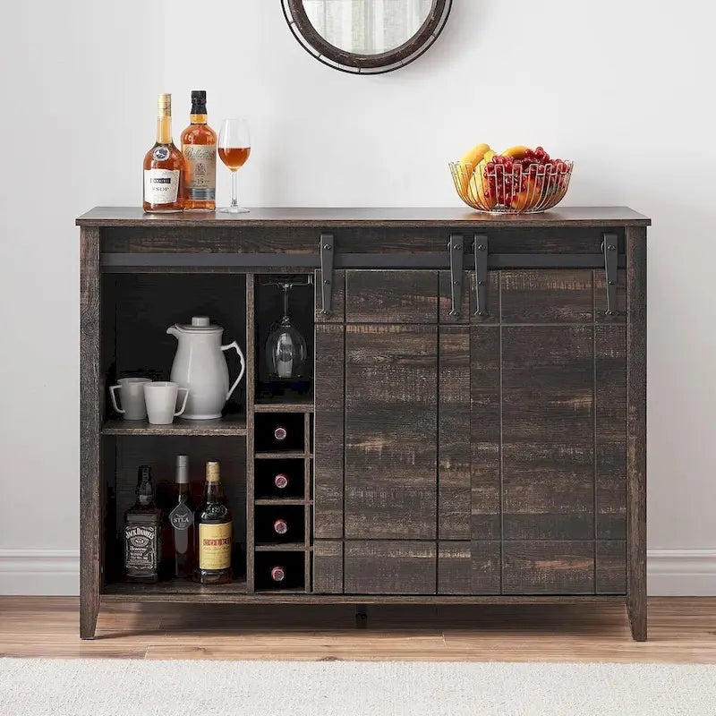 Meuble de bar à café avec porte coulissante type grange, casier à vin et étagères réglables