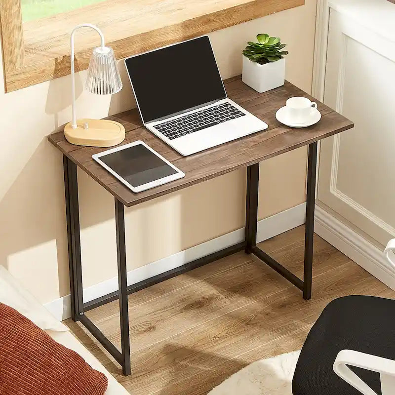 Bureau d'écriture pliable, aucun assemblage requis, table d'ordinateur portable peu encombrante, style industriel marron