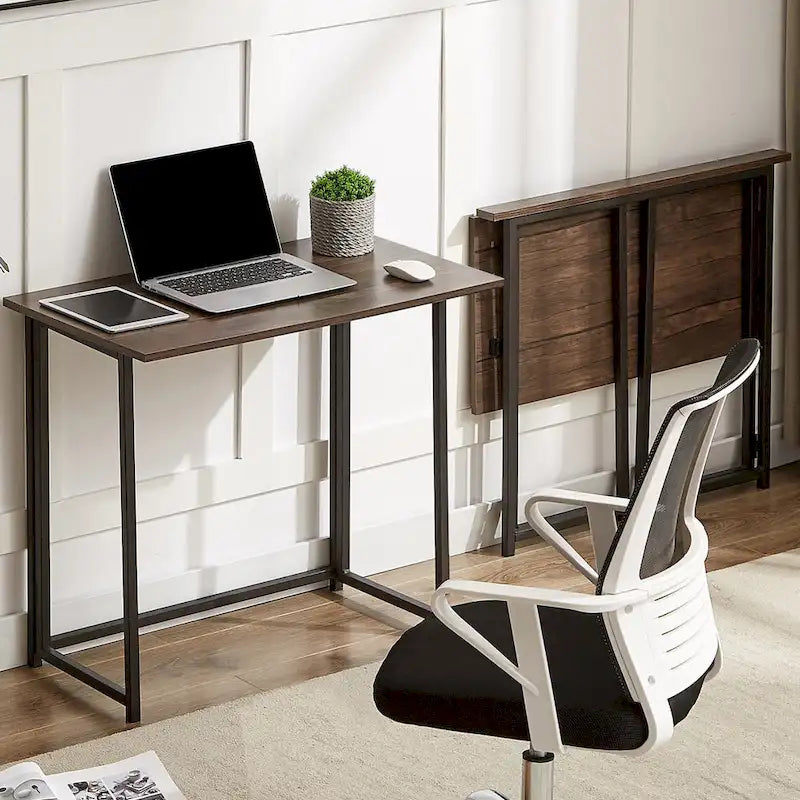 Bureau d'écriture pliable, aucun assemblage requis, table d'ordinateur portable peu encombrante, style industriel marron