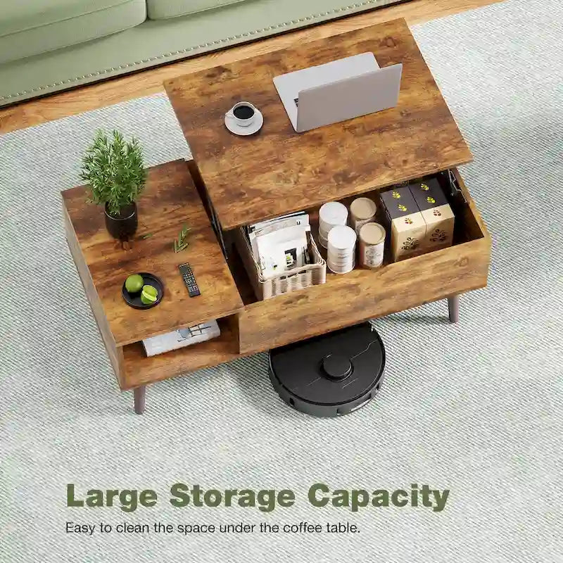 Table basse relevable marron rustique avec espace de rangement dissimulé