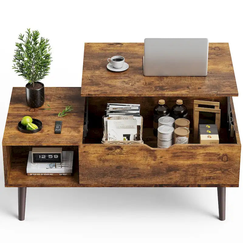 Table basse relevable marron rustique avec espace de rangement dissimulé