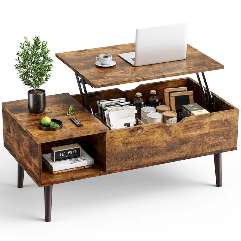 Table basse relevable marron rustique avec espace de rangement dissimulé