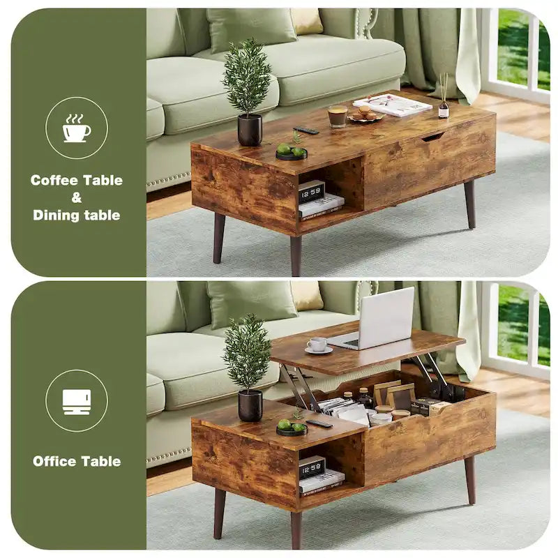 Table basse relevable marron rustique avec espace de rangement dissimulé
