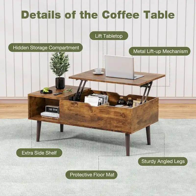 Table basse relevable marron rustique avec espace de rangement dissimulé