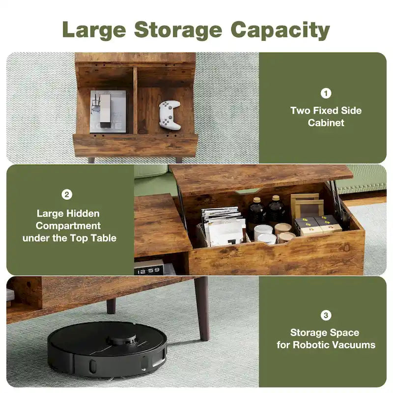 Table basse relevable marron rustique avec espace de rangement dissimulé