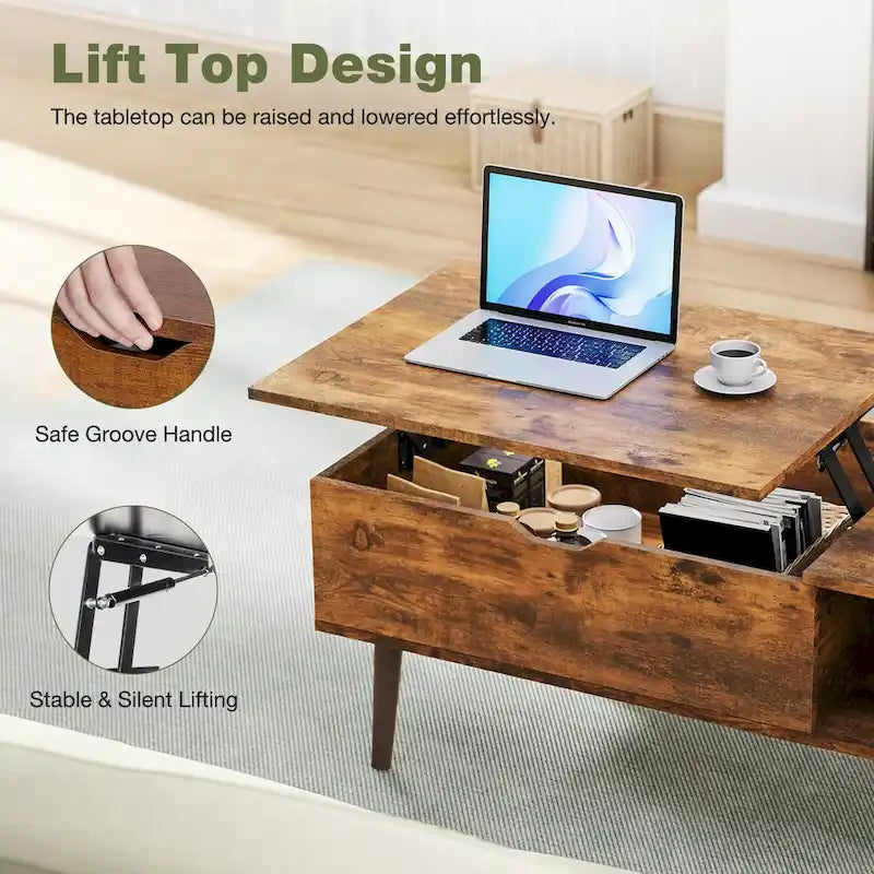 Table basse relevable marron rustique avec espace de rangement dissimulé
