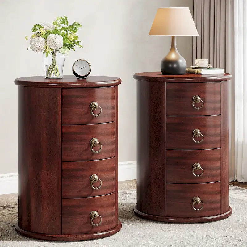 Table de chevet ronde en bois massif avec 4 tiroirs, table d'appoint de chambre antique marron cerise