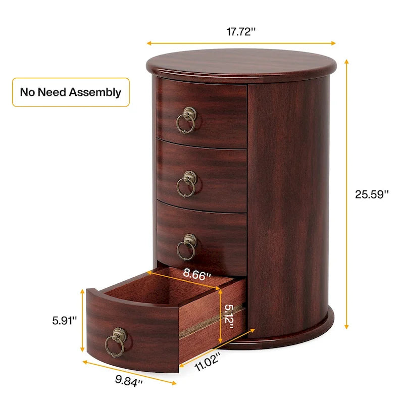 Table de chevet ronde en bois massif avec 4 tiroirs, table d'appoint de chambre antique marron cerise