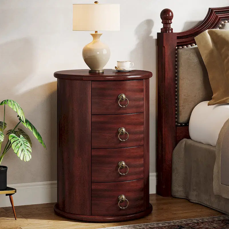Table de chevet ronde en bois massif avec 4 tiroirs, table d'appoint de chambre antique marron cerise