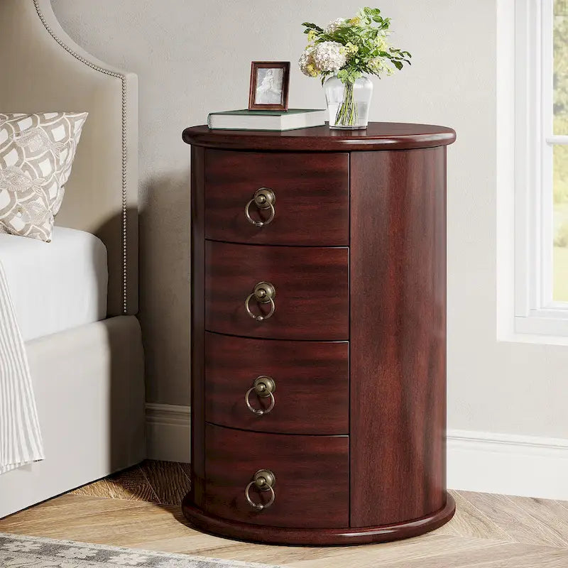 Table de chevet ronde en bois massif avec 4 tiroirs, table d'appoint de chambre antique marron cerise