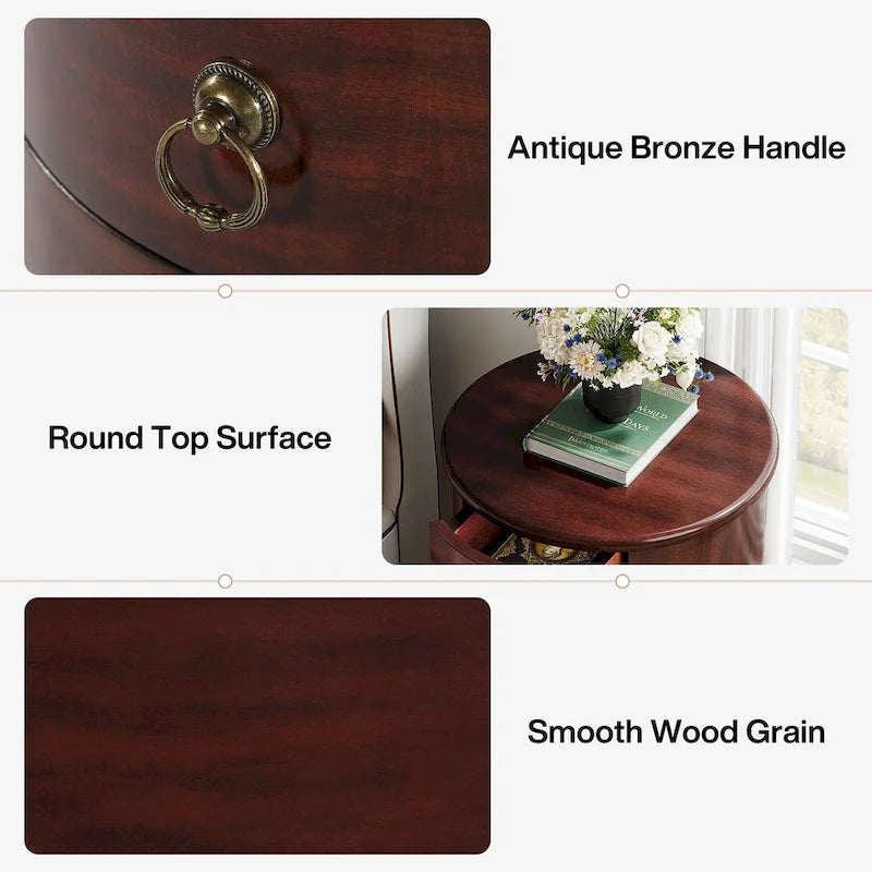 Table de chevet ronde en bois massif avec 4 tiroirs, table d'appoint de chambre antique marron cerise