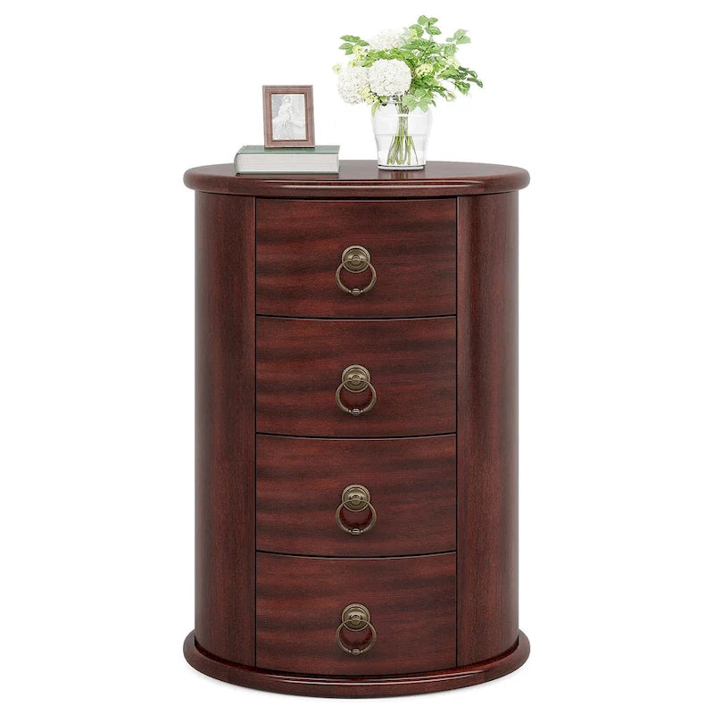 Table de chevet ronde en bois massif avec 4 tiroirs, table d'appoint de chambre antique marron cerise