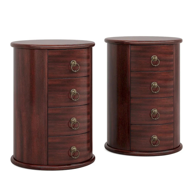 Table de chevet ronde en bois massif avec 4 tiroirs, table d'appoint de chambre antique marron cerise