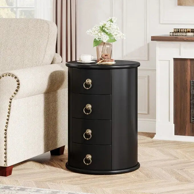 Table de chevet ronde en bois massif avec 4 tiroirs, table d'appoint de chambre antique marron cerise