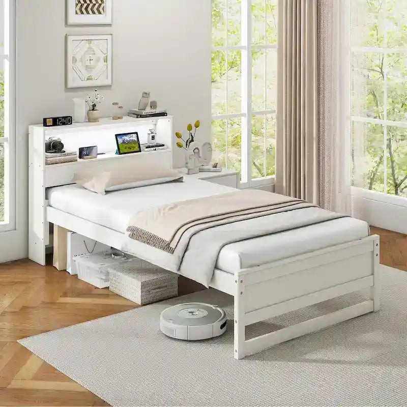 Cadre de lit double en bois avec tête de lit de rangement, station de charge et lumière LED, gris/blanc