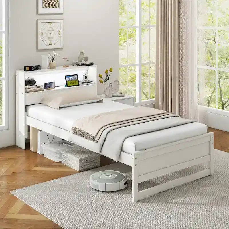 Cadre de lit double en bois avec tête de lit de rangement, station de charge et lumière LED, gris/blanc