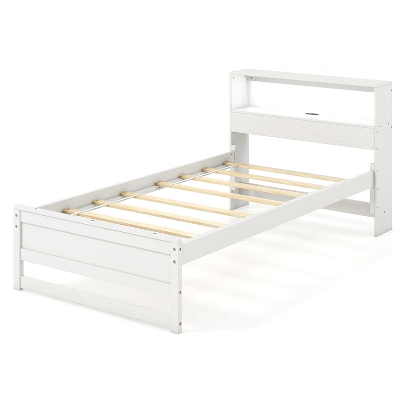 Cadre de lit double en bois avec tête de lit de rangement, station de charge et lumière LED, gris/blanc