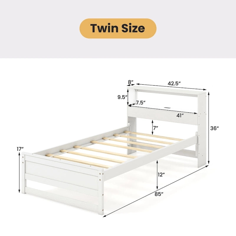 Cadre de lit double en bois avec tête de lit de rangement, station de charge et lumière LED, gris/blanc